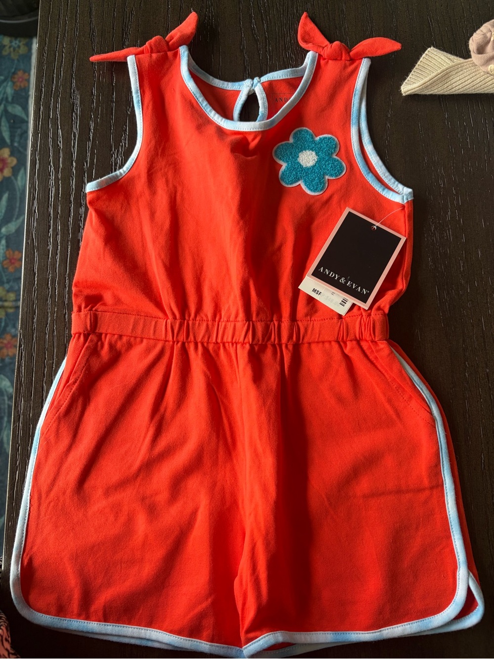 Andy & Evan Coral Romper with Light Blue Flower Patch